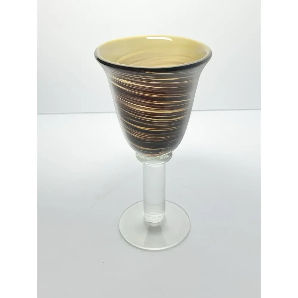 5 Handblown Murano-style Brown Amber Swirl Water or Wine Goblets 8 1/4” 14oz